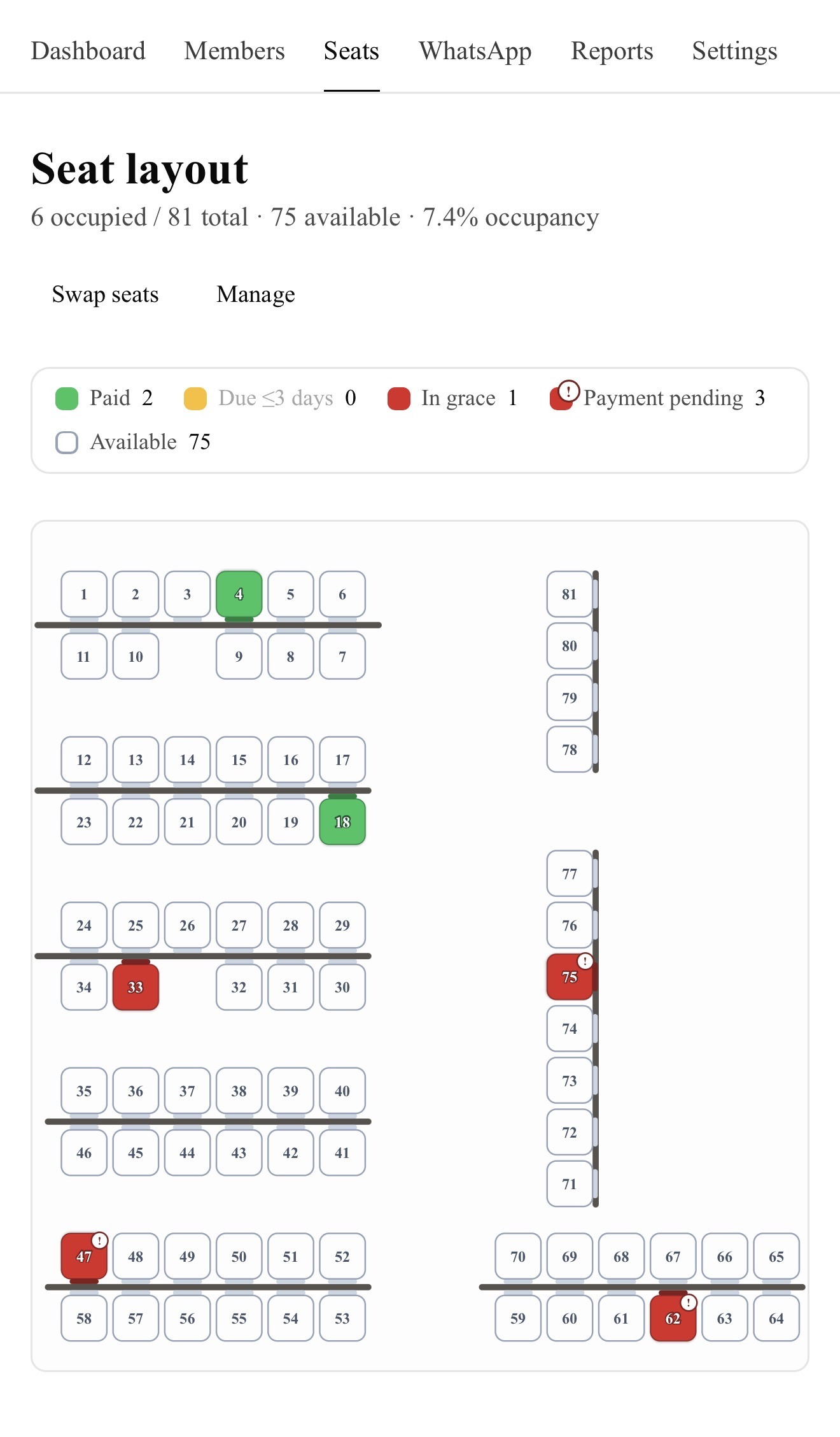 Seats floor plan with live status — paid, due, in grace, payment pending, available